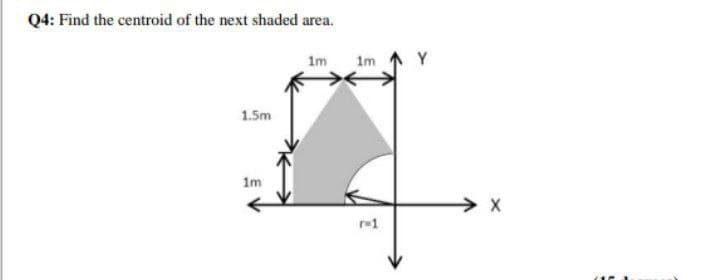 Q4: Find the centroid of the next shaded area.
1m
1m
Y
1.5m
1m
r=1
