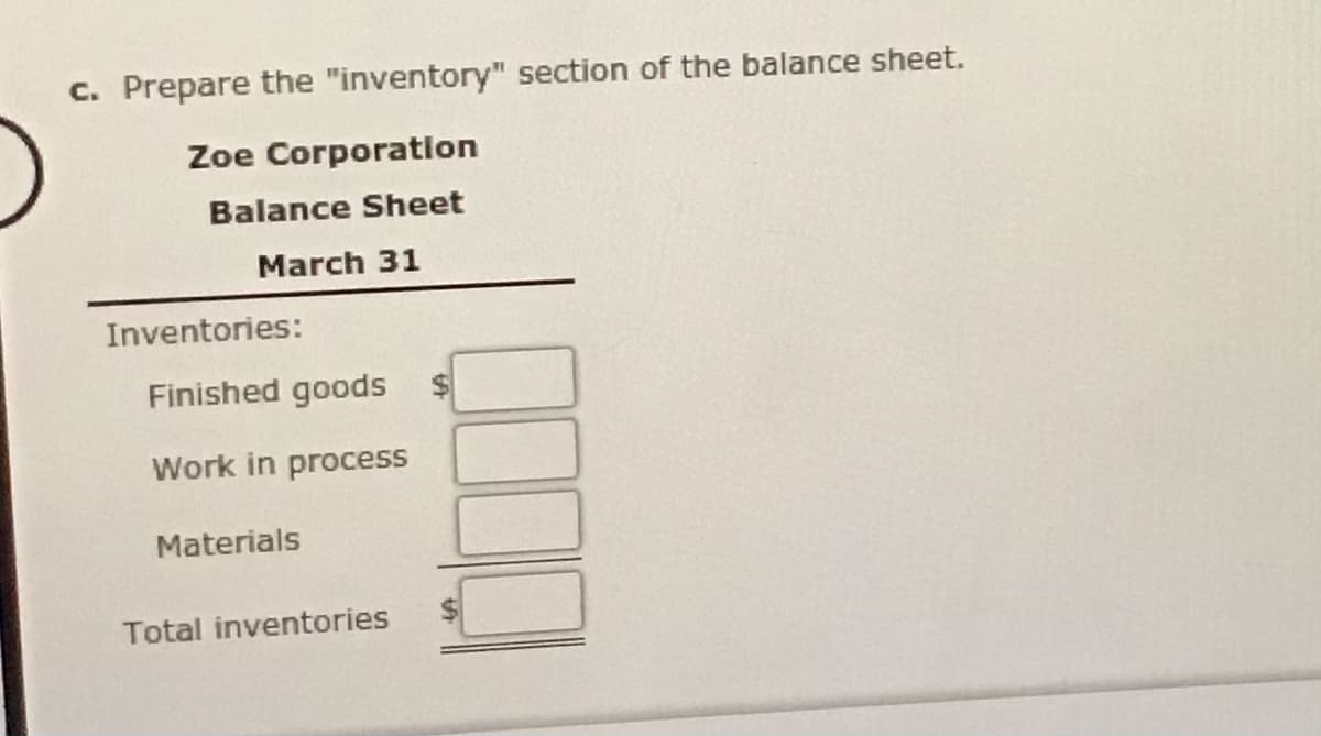 c. Prepare the "inventory" section of the balance sheet.
Zoe Corporation
Balance Sheet
March 31
Inventories:
Finished goods
Work in process
Materials
Total inventories

