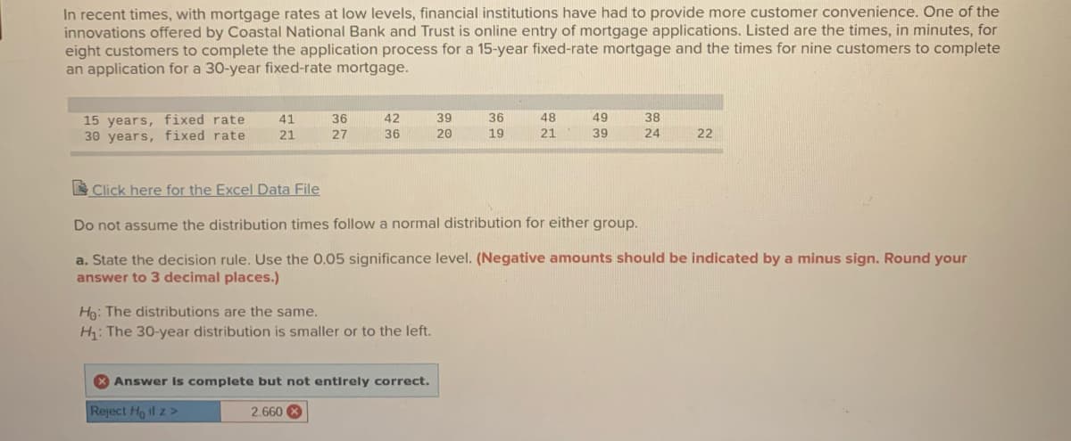 In recent times, with mortgage rates at low levels, financial institutions have had to provide more customer convenience. One of the
innovations offered by Coastal National Bank and Trust is online entry of mortgage applications. Listed are the times, in minutes, for
eight customers to complete the application process for a 15-year fixed-rate mortgage and the times for nine customers to complete
an application for a 30-year fixed-rate mortgage.
15 years, fixed rate
30 years, fixed rate
41
36
42
39
36
48
49
38
21
27
36
20
19
21
39
24
22
E Click here for the Excel Data File
Do not assume the distribution times follow a normal distribution for either group.
a. State the decision rule. Use the 0.05 significance level. (Negative amounts should be indicated by a minus sign. Round your
answer to 3 decimal places.)
Hg: The distributions are the same.
H: The 30-year distribution is smaller or to the left.
X Answer Is complete but not entirely correct.
Reject Ho if z>
2.660 X
