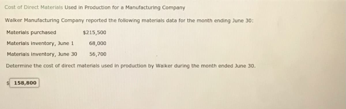 Cost of Direct Materials Used in Production for a Manufacturing Company
Walker Manufacturing Company reported the following materials data for the month ending June 30:
Materials purchased
$215,500
Materials inventory, June 1
68,000
Materials inventory, June 30
56,700
Determine the cost of direct materials used in production by Walker during the month ended June 30.
158,800
