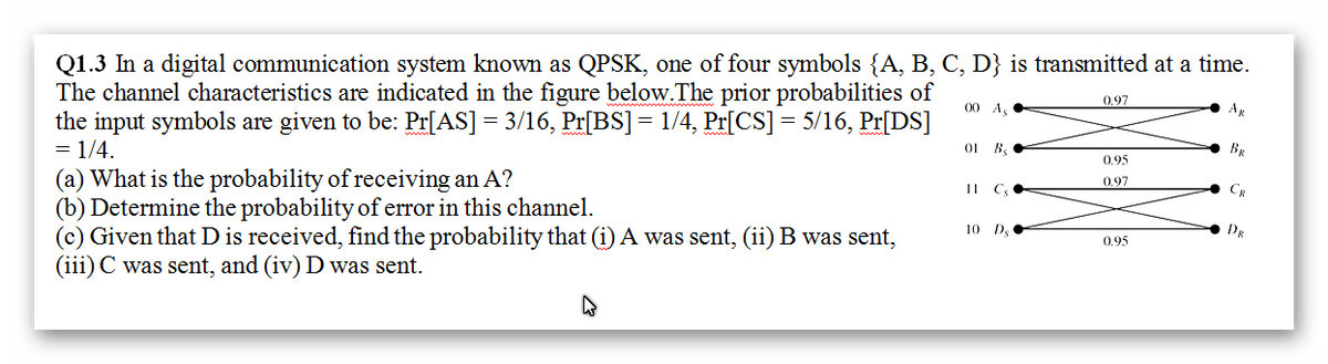 Q1.3 In a digital communication system known as QPSK, one of four symbols {A, B, C, D} is transmitted at a time.
The channel characteristics are indicated in the figure below.The prior probabilities of
the input symbols are given to be: Pr[AS] = 3/16, Pr[BS]= 1/4, Pr[CS] = 5/16, Pr[DS]
= 1/4.
0.97
00 A,
AR
01 B,
0.95
(a) What is the probability of receiving an A?
(b) Determine the probability of error in this channel.
(c) Given that D is received, find the probability that (i) A was sent, (ii) B was sent,
(iii) C was sent, and (iv) D was sent.
0.97
10 D.
DR
0.95
