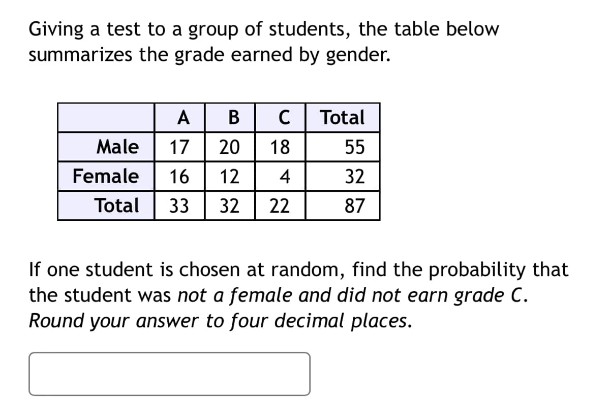 Giving a test to a group of students, the table below
summarizes the grade earned by gender.
A
В
Total
Male
17
20
18
55
Female
16
12
4
32
Total
33
32
22
87
If one student is chosen at random, find the probability that
the student was not a female and did not earn grade C.
Round your answer to four decimal places.
