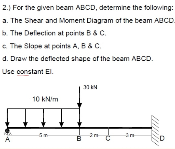 2.) For the given beam ABCD, determine the following:
a. The Shear and Moment Diagram of the beam ABCD.
b. The Deflection at points B & C.
c. The Slope at points A, B & C.
d. Draw the deflected shape of the beam ABCD.
Use constant El.
30 kN
10 kN/m
A
5 m
-2 m
В
-3 m
