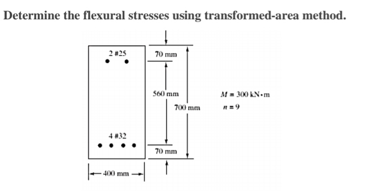 Determine the flexural stresses using transformed-area method.
2 #25
70 mm
560 mm
M = 300 kN• m
n = 9
700 mm
4 #32
70 mm
400 mm

