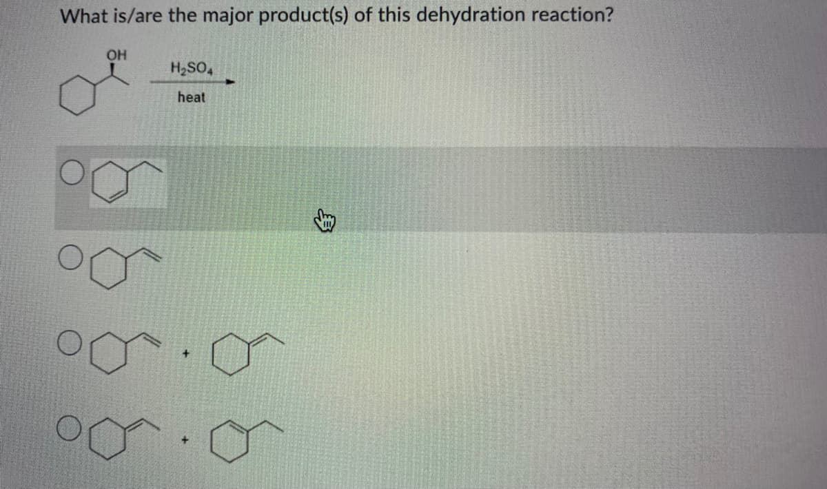 What is/are the major product(s) of this dehydration reaction?
OH
H2SO,
heat
身
