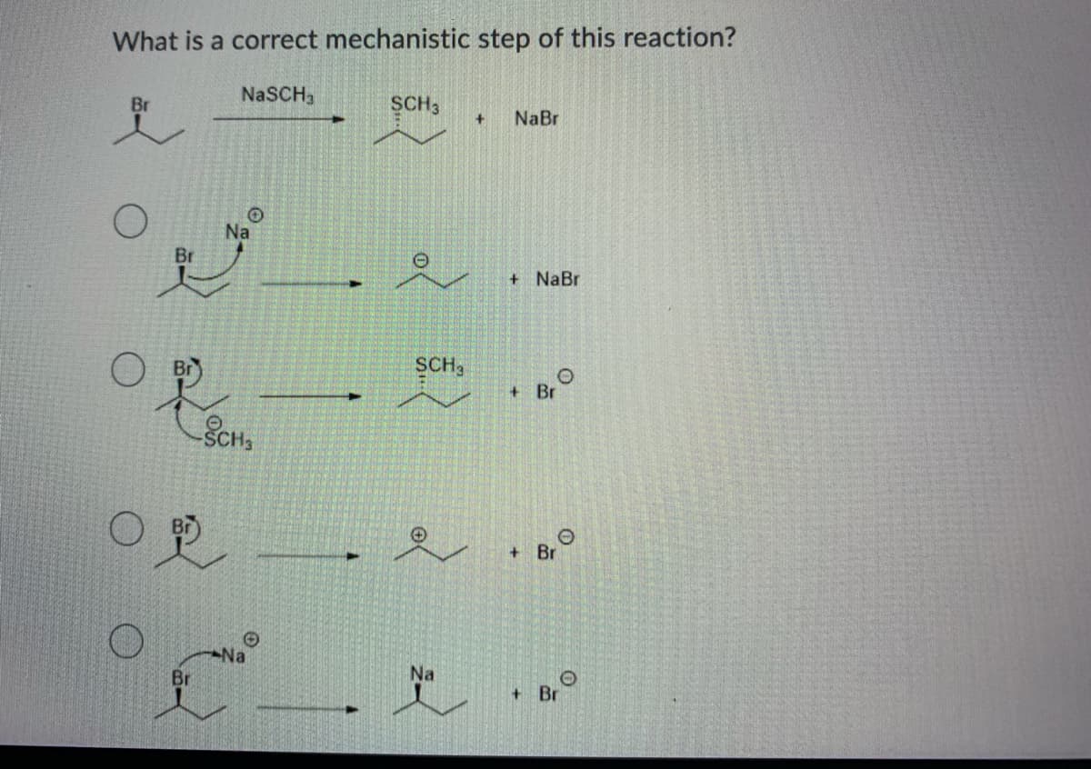 What is a correct mechanistic step of this reaction?
NaSCH3
Br
SCH3
NaBr
Na
Br
+ NaBr
Br
SCH3
+ Br
SCH
+ Br
Na
Br
Na
+ Br
