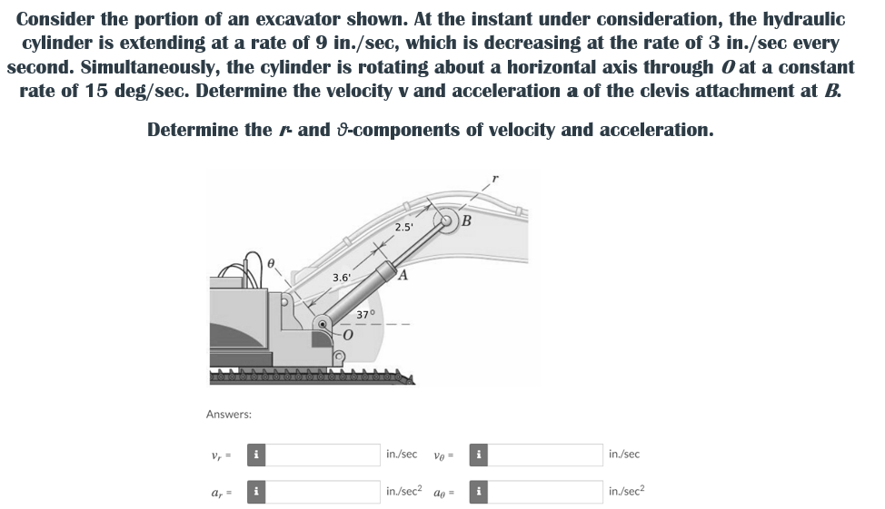 Consider the portion of an excavator shown. At the instant under consideration, the hydraulic
cylinder is extending at a rate of 9 in./sec, which is decreasing at the rate of 3 in./sec every
second. Simultaneously, the cylinder is rotating about a horizontal axis through O at a constant
rate of 15 deg/sec. Determine the velocity v and acceleration a of the clevis attachment at B.
Determine the r and 9-components of velocity and acceleration.
2.5
3.6
A
37°
Answers:
V, =
i
in./sec
Ve =
i
in./sec
in/sec? ag =
in./sec2
i
i
