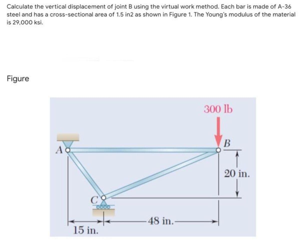 Calculate the vertical displacement of joint B using the virtual work method. Each bar is made of A-36
steel and has a cross-sectional area of 1.5 in2 as shown in Figure 1. The Young's modulus of the material
is 29,000 ksi.
Figure
300 lb
В
Ao
20 in.
C
48 in.
15 in.

