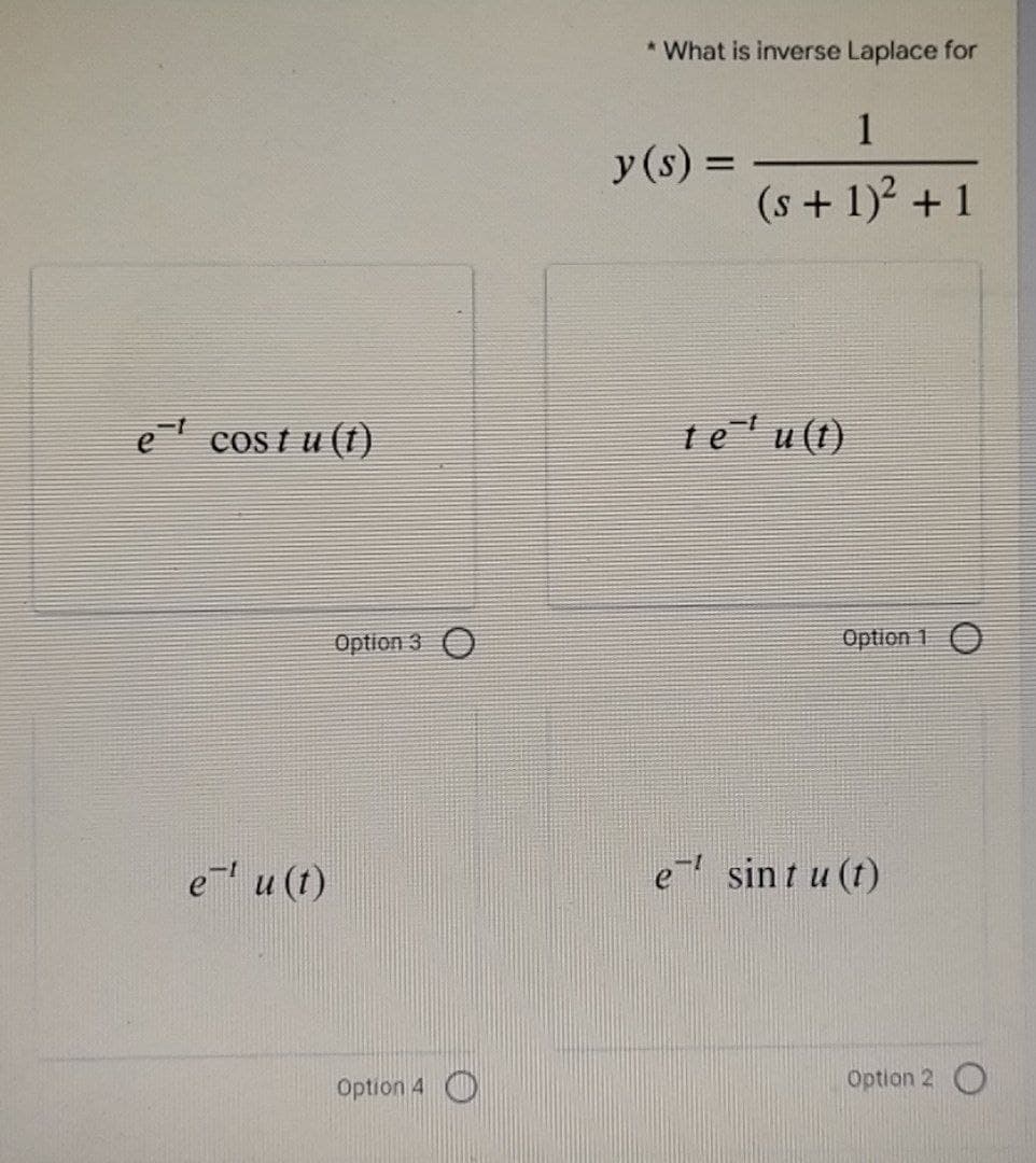 e costu(t)
e-¹ u (t)
Option 3 O
Option 4
* What is inverse Laplace for
1
(s + 1)² + 1
y (s) =
te¹u(t)
Option 1 0
e sintu(t)
Option 2