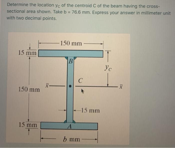 Determine the location yc of the centroid C of the beam having the cross-
sectional area shown. Take b = 76.6 mm. Express your answer in millimeter unit
with two decimal points.
150 mm
15 mm
Ус
150 mm
-15 mm
15 mm
b mm

