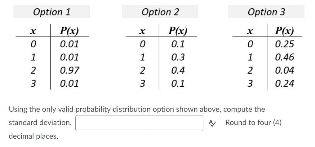 Option 1
Option 2
Option 3
P(x)
P(x)
P(x)
х
х
0.01
0.1
0.25
0.01
0.3
1
0.46
0.97
0.4
0.04
3
0.01
0.1
3
0.24
Using the only valid probability distribution option shown above, compute the
standard deviation.
Round to four (4)
decimal places.
8O7 23
