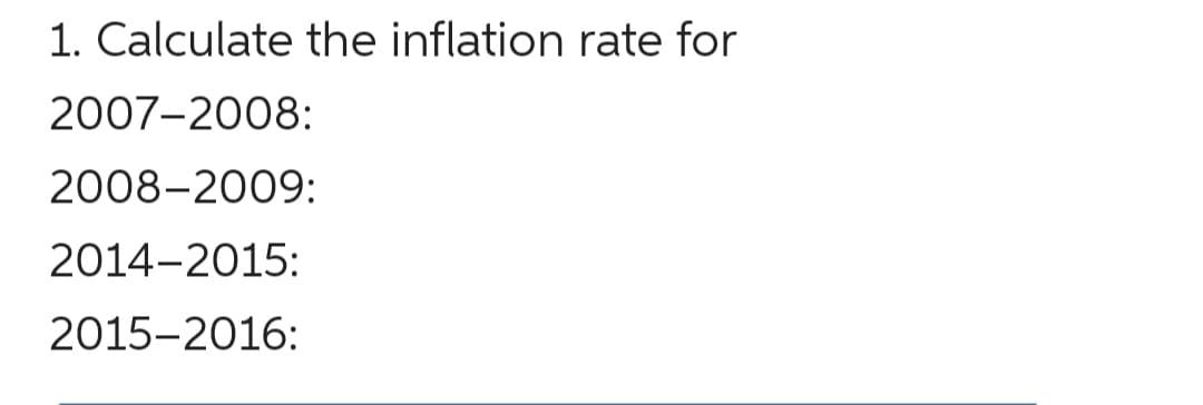 1. Calculate the inflation rate for
2007-2008:
2008–2009:
2014-2015:
2015-2016:
