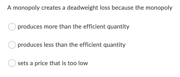 A monopoly creates a deadweight loss because the monopoly
produces more than the efficient quantity
produces less than the efficient quantity
O sets a price that is too low
