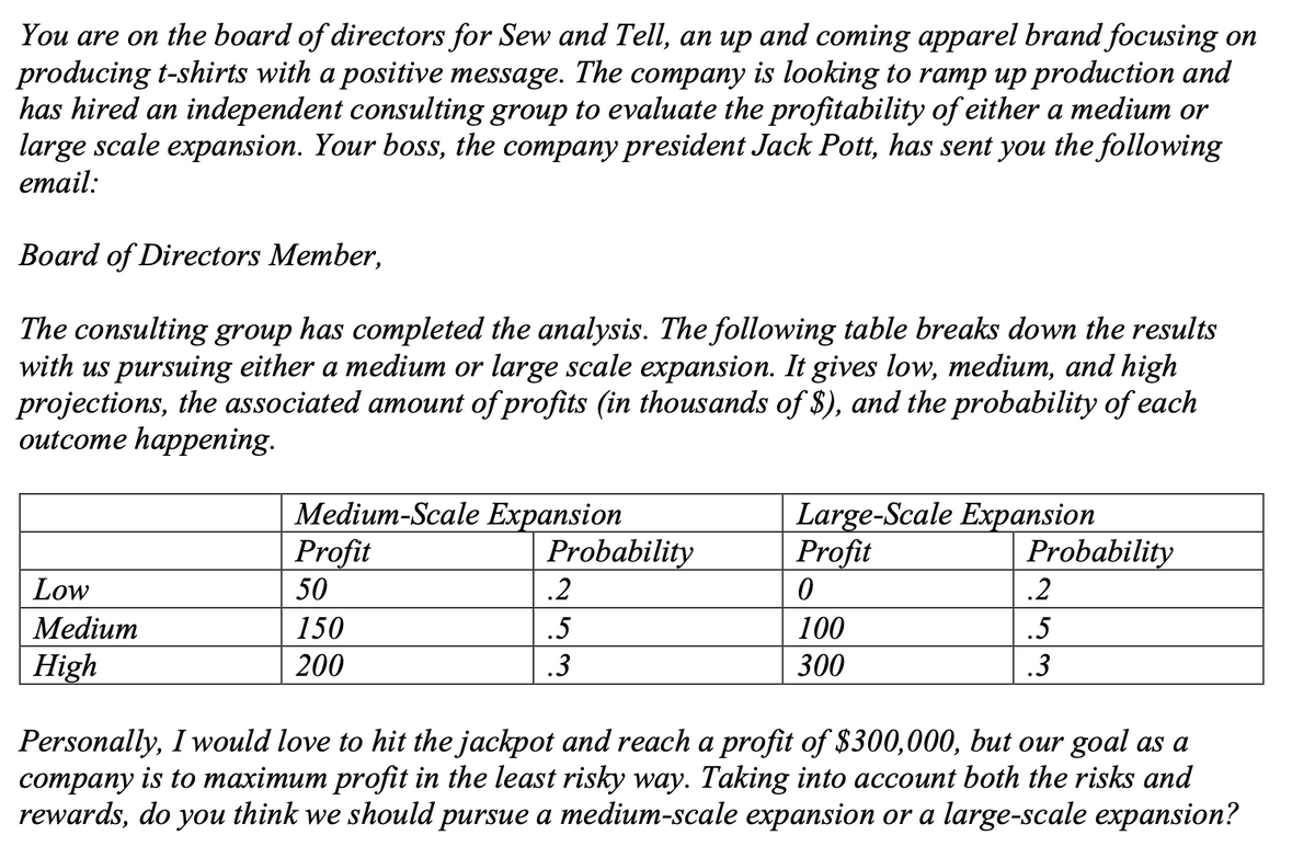 You are on the board of directors for Sew and Tell, an up and coming apparel brand focusing on
producing t-shirts with a positive message. The company is looking to ramp up production and
has hired an independent consulting group to evaluate the profitability of either a medium or
large scale expansion. Your boss, the company president Jack Pott, has sent you the following
email:
Board of Directors Member,
The consulting group has completed the analysis. The following table breaks down the results
with us pursuing either a medium or large scale expansion. It gives low, medium, and high
projections, the associated amount of profits (in thousands of $), and the probability of each
outcome happening.
Medium-Scale Expansion
Profit
50
Large-Scale Expansion
Profit
Probability
Probability
Low
.2
.2
Medium
150
.5
100
.5
High
200
.3
300
.3
Personally, I would love to hit the jackpot and reach a profit of $300,000, but our goal as a
company is to maximum profit in the least risky way. Taking into account both the risks and
rewards, do you think we should pursue a medium-scale expansion or a large-scale expansion?
