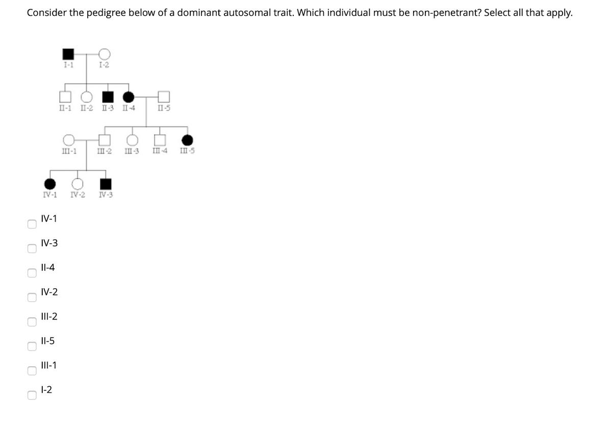 Consider the pedigree below of a dominant autosomal trait. Which individual must be non-penetrant? Select all that apply.
I-1
I-2
П-1 1-2
II-3 II4
II-5
III-1
III-2
III -3
III -4
III -5
IV-1
IV-2
IV-3
IV-1
IV-3
Il-4
IV-2
III-2
II-5
III-1
1-2
O O
