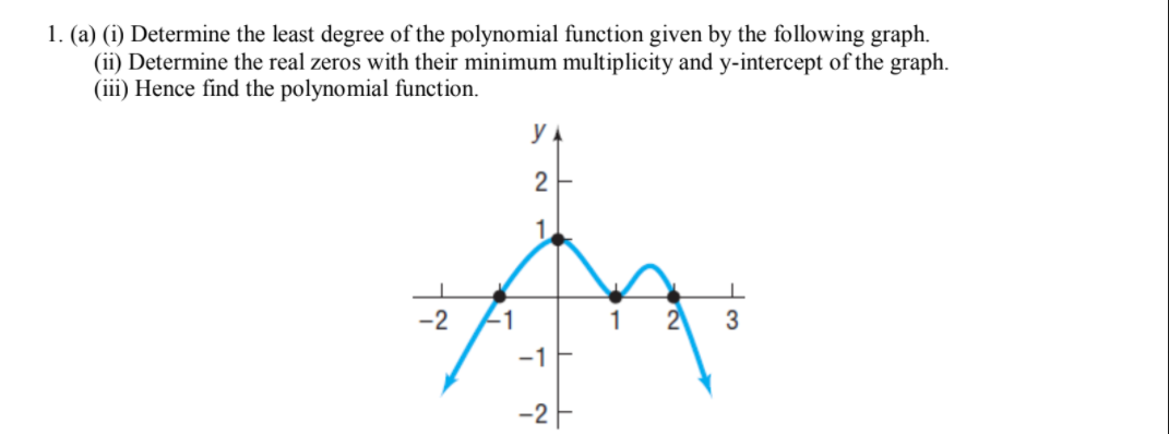 1. (a) (i) Determine the least degree of the polynomial function given by the following graph.
(ii) Determine the real zeros with their minimum multiplicity and y-intercept of the graph.
(iii) Hence find the polynomial function.
y
2
1
-2
21
2
3
-1E
-2F
