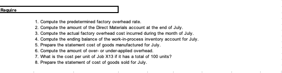 Require
1. Compute the predetermined factory overhead rate.
2. Compute the amount of the Direct Materials account at the end of July.
3. Compute the actual factory overhead cost incurred during the month of July.
4. Compute the ending balance of the work-in-process inventory account for July.
5. Prepare the statement cost of goods manufactured for July.
6. Compute the amount of over- or under-applied overhead.
7. What is the cost per unit of Job X13 if it has a total of 100 units?
8. Prepare the statement of cost of goods sold for July.
