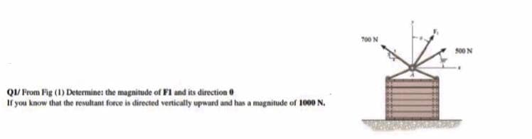 Q1/From Fig (1) Determine: the magnitude of F1 and its direction 0
If you know that the resultant force is directed vertically upward and has a magnitude of 1000 N.
700 N
500 N