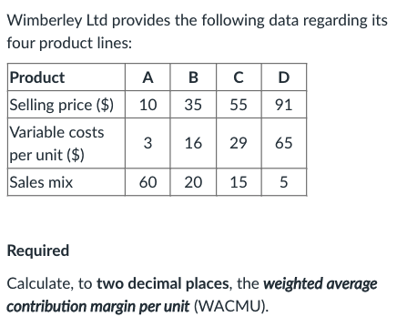 Wimberley Ltd provides the following data regarding its
four product lines:
A B C D
Product
Selling price ($) 10
Variable costs
per unit ($)
Sales mix
35
55
91
3
16
29
65
60
20
15
5
Required
Calculate, to two decimal places, the weighted average
contribution margin per unit (WACMU).
