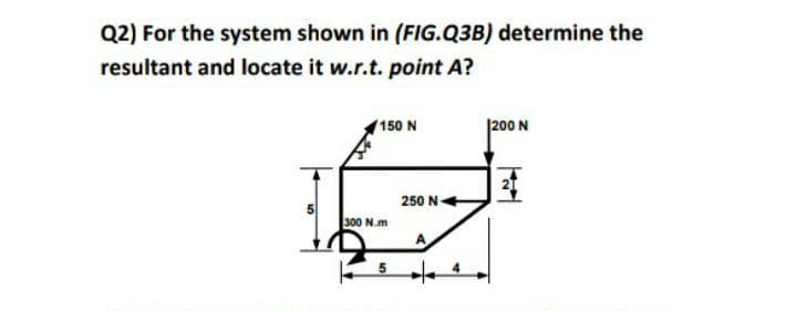 Q2) For the system shown in (FIIG.Q3B) determine the
resultant and locate it w.r.t. point A?
(150 N
|200 N
250 N+
300 N.m
A
