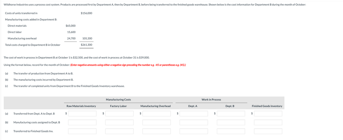 Wildhorse Industries uses a process cost system. Products are processed first by Department A, then by Department B, before being transferred to the finished goods warehouse. Shown below is the cost information for Department B during the month of October:
Costs of units transferred in
Manufacturing costs added in Department B:
Direct materials
Direct labor
Manufacturing overhead
Total costs charged to Department B in October
(a)
(b)
(c)
(a)
(b)
(c)
The cost of work in process in Department B at Octobe 1 is $32,500, and the cost of work in process at October 31 is $39,000.
Using the format below, record for the month of October: (Enter negative amounts using either a negative sign preceding the number e.g. -45 or parentheses e.g. (45).)
Transferred from Dept. A to Dept. B
$65,000
Manufacturing costs assigned to Dept. B
Transferred to Finished Goods Inv.
15,600
24,700
$156,000
The transfer of production from Department A to B.
The manufacturing costs incurred by Department B.
The transfer of completed units from Department B to the Finished Goods Inventory warehouse.
$
105,300
$261,300
Raw Materials Inventory
$
Manufacturing Costs
Factory Labor
Manufacturing Overhead
$
$
Dept. A
Work in Process
$
Dept. B
Finished Goods Inventory
$
||