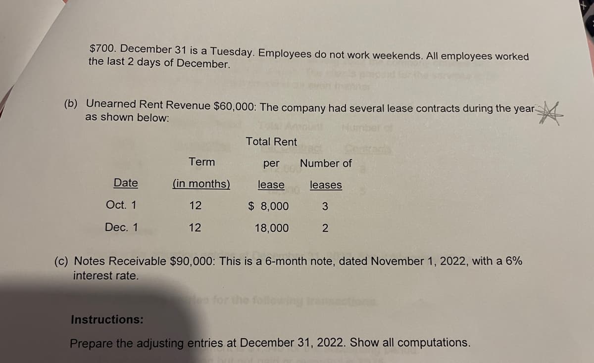 $700. December 31 is a Tuesday. Employees do not work weekends. All employees worked
the last 2 days of December.
(b) Unearned Rent Revenue $60,000: The company had several lease contracts during the year
as shown below:
*
Date
Oct. 1
Dec. 1
Term
(in months)
12
12
Total Rent
per
lease
$ 8,000
18,000
Number of
leases
3
2
(c) Notes Receivable $90,000: This is a 6-month note, dated November 1, 2022, with a 6%
interest rate.
eo for the
Instructions:
Prepare the adjusting entries at December 31, 2022. Show all computations.