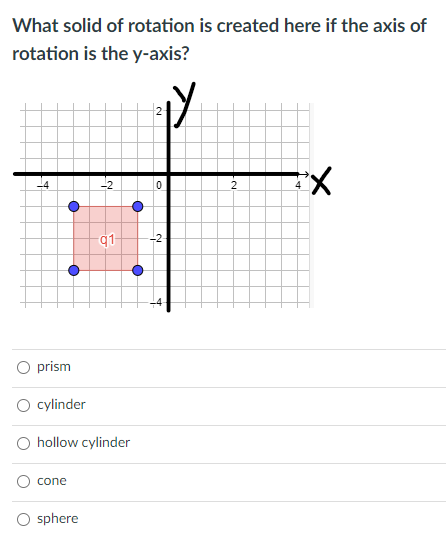 What solid of rotation is created here if the axis of
rotation is the y-axis?
12
-4
-2
2
-2
O prism
O cylinder
O hollow cylinder
cone
O sphere
