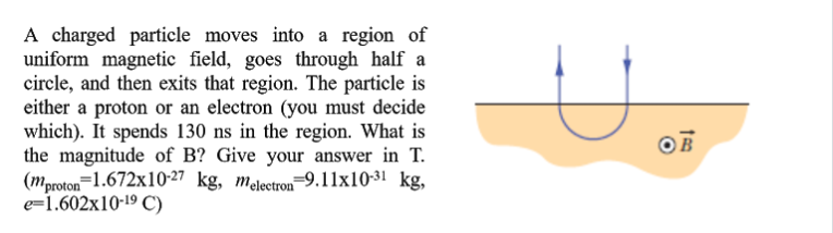A charged particle moves into a region of
uniform magnetic field, goes through half a
circle, and then exits that region. The particle is
either a proton or an electron (you must decide
which). It spends 130 ns in the region. What is
the magnitude of B? Give your answer in T.
(mproton-1.672x10-27 kg, melectron=9.11x10-31 kg,
e=1.602x10-19 C)
OB
