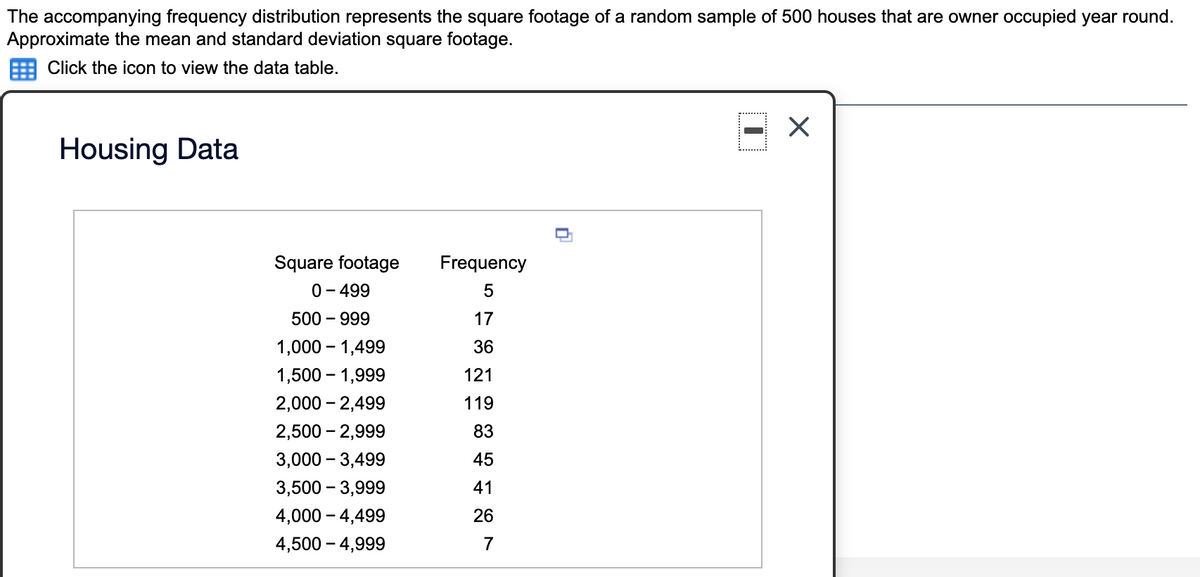 The accompanying frequency distribution represents the square footage of a random sample of 500 houses that are owner occupied year round.
Approximate the mean and standard deviation square footage.
Click the icon to view the data table.
Housing Data
Square footage
Frequency
0- 499
500 – 999
17
1,000 – 1,499
36
1,500 – 1,999
121
2,000 - 2,499
119
2,500 – 2,999
83
3,000 – 3,499
45
3,500 – 3,999
41
4,000 – 4,499
26
4,500 – 4,999
7
