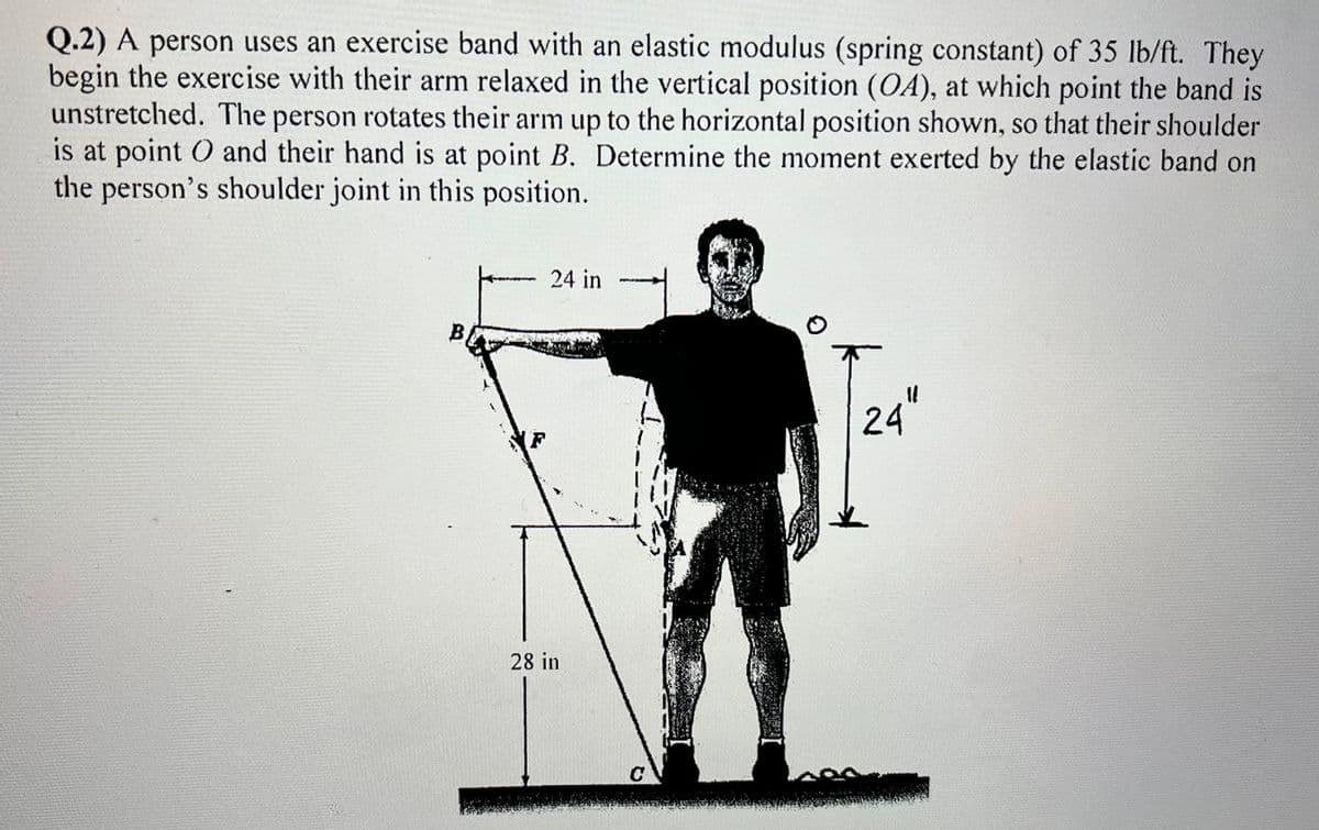 Q.2) A person uses an exercise band with an elastic modulus (spring constant) of 35 lb/ft. They
begin the exercise with their arm relaxed in the vertical position (OA), at which point the band is
unstretched. The person rotates their arm up to the horizontal position shown, so that their shoulder
is at point O and their hand is at point B. Determine the moment exerted by the elastic band on
the person's shoulder joint in this position.
24 in
B.
24"
(F
28 in
C
