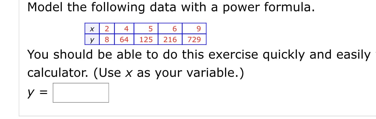 Model the following data with a power formula.
х
4
9.
У
8
64
125
216
729
You should be able to do this exercise quickly and easily
calculator. (Use x as your variable.)
У
