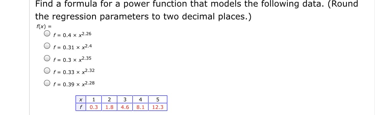 Find a formula for a power function that models the following data. (Round
the regression parameters to two decimal places.)
f(x) =
f = 0.4 x x2.26
f = 0.31 x x2.4
f = 0.3 x x2.35
f = 0.33 x x2-.32
O f = 0.39 xx2.28
х
2
4
4.6
0.3
1.8
8.1
12.3
