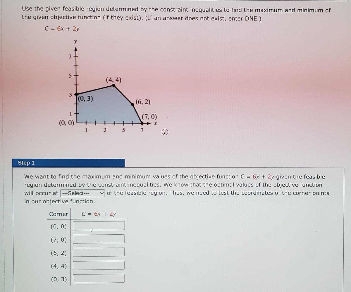 Use the given feasible region determined by the constraint inequalities to find the maximum and minimum of
the given objective function (if they exist). (If an answer does not exist, enter DNE.)
C = 6x + 2y
y
5
(4, 4)
3
(0, 3)
(6, 2)
(7,0)
(0, 0)
1 3 5 7
Step 1
We want to find the maximum and minimum values of the objective function C = 6x + 2y given the feasible
region determined by the constraint inequalities. We know that the optimal values of the objective function
will occur at ---Select---
v of the feasible region. Thus, we need to test the coordinates of the corner points
in our objective function.
Corner
C = 6x + 2y
%3D
(0, 0)
(7, 0)
(6, 2)
(4, 4)
(0, 3)
