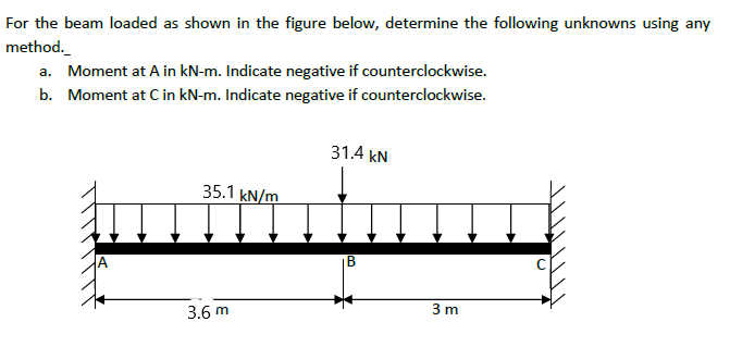 For the beam loaded as shown in the figure below, determine the following unknowns using any
method.
a. Moment at A in kN-m. Indicate negative if counterclockwise.
b. Moment at Cin kN-m. Indicate negative if counterclockwise.
31.4 kN
35.1 kN/m
|B
3 m
3.6 m
