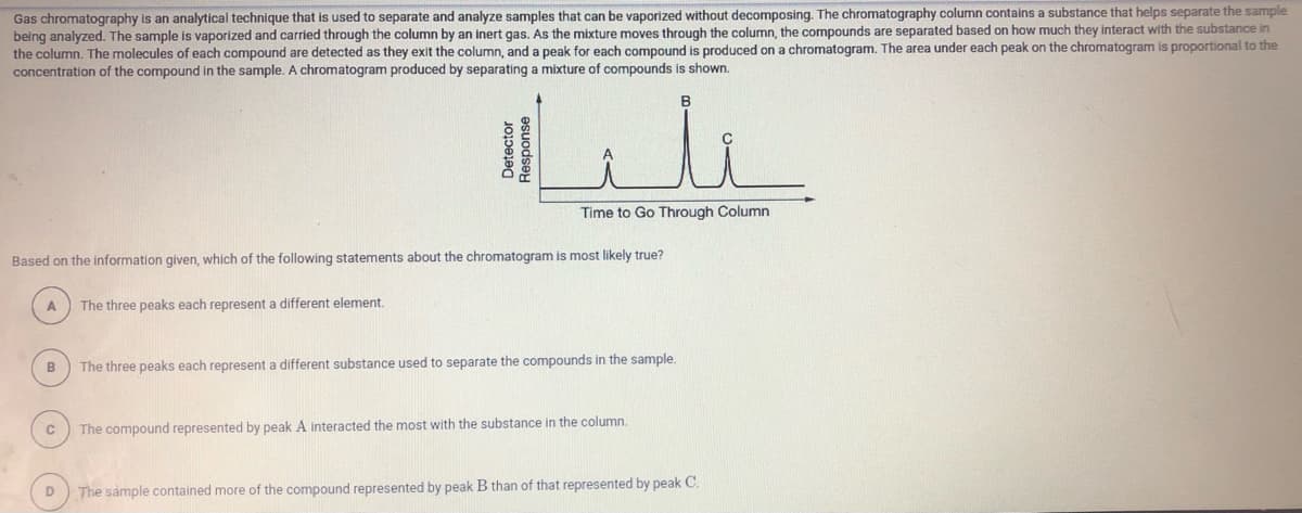 Gas chromatography is an analytical technique that is used to separate and analyze samples that can be vaporized without decomposing. The chromatography column contains a substance that helps separate the sample
being analyzed. The sample is vaporized and carried through the column by an inert gas. As the mixture moves through the column, the compounds are separated based on how much they interact with the substance in
the column. The molecules of each compound are detected as they exit the column, and a peak for each compound is produced on a chromatogram. The area under each peak on the chromatogram is proportional to the
concentration of the compound in the sample. A chromatogram produced by separating a mixture of compounds is shown.
Time to Go Through Column
Based on the information given, which of the following statements about the chromatogram is most likely true?
A
The three peaks each represent a different element.
B
The three peaks each represent a different substance used to separate the compounds in the sample.
The compound represented by peak A interacted the most with the substance in the column.
D
The sample contained more of the compound represented by peak B than of that represented by peak C.
Detector
Response
