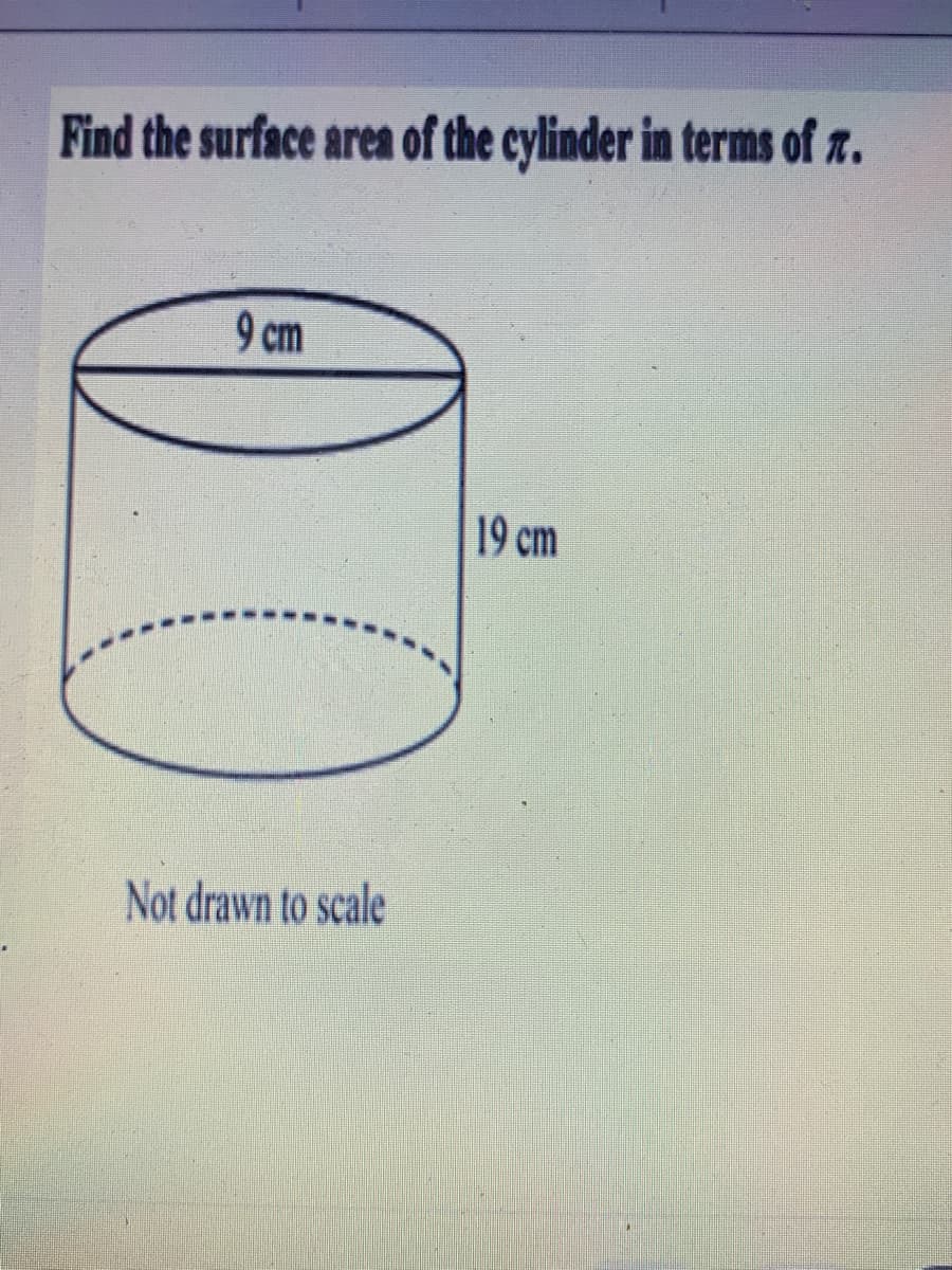 Find the surface area of the cylinder in terms of z.
9 cm
| 19 cm
Not drawn to scale
