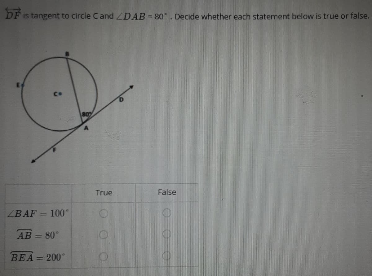 DF
is tangent to circle Cand DAB 80°. Decide whether each statement below is true or false.
Co
80
True
False
ZBAF = 100
AB = 80°
BEA 200°
%3D
