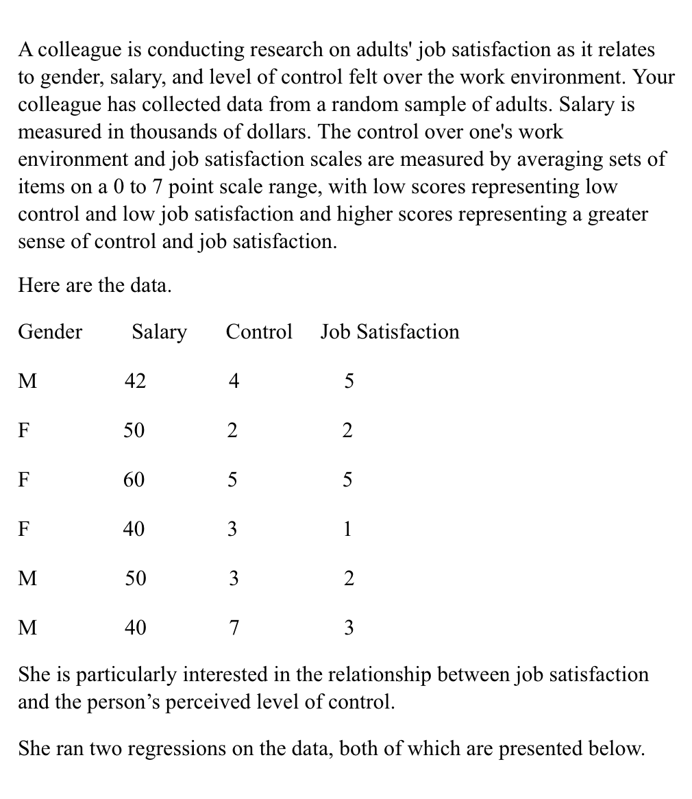 A colleague is conducting research on adults' job satisfaction as it relates
to gender, salary, and level of control felt over the work environment. Your
colleague has collected data from a random sample of adults. Salary is
measured in thousands of dollars. The control over one's work
environment and job satisfaction scales are measured by averaging sets of
items on a 0 to 7 point scale range, with low scores representing low
control and low job satisfaction and higher scores representing a greater
sense of control and job satisfaction.
Here are the data.
Gender
Salary
Control
Job Satisfaction
M
42
4
F
50
2
F
60
5
5
F
40
3
1
M
50
3
2
M
40
7
3
She is particularly interested in the relationship between job satisfaction
and the person's perceived level of control.
She ran two regressions on the data, both of which are presented below.
