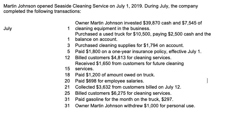Martin Johnson opened Seaside Cleaning Service on July 1, 2019. During July, the company
completed the following transactions:
Owner Martin Johnson invested $39,870 cash and $7,545 of
1 cleaning equipment in the business.
Purchased a used truck for $10,500, paying $2,500 cash and the
1 balance on account.
3 Purchased cleaning supplies for $1,794 on account.
5 Paid $1,800 on a one-year insurance policy, effective July 1.
12 Billed customers $4,813 for cleaning services.
Received $1,650 from customers for future cleaning
15 services.
July
Paid $1,200 of amount owed on truck.
Paid $698 for employee salaries.
Collected $3,632 from customers billed on July 12.
Billed customers $6,275 for cleaning services.
Paid gasoline for the month on the truck, $297.
Owner Martin Johnson withdrew $1,000 for personal use.
18
|
20
21
25
31
31
