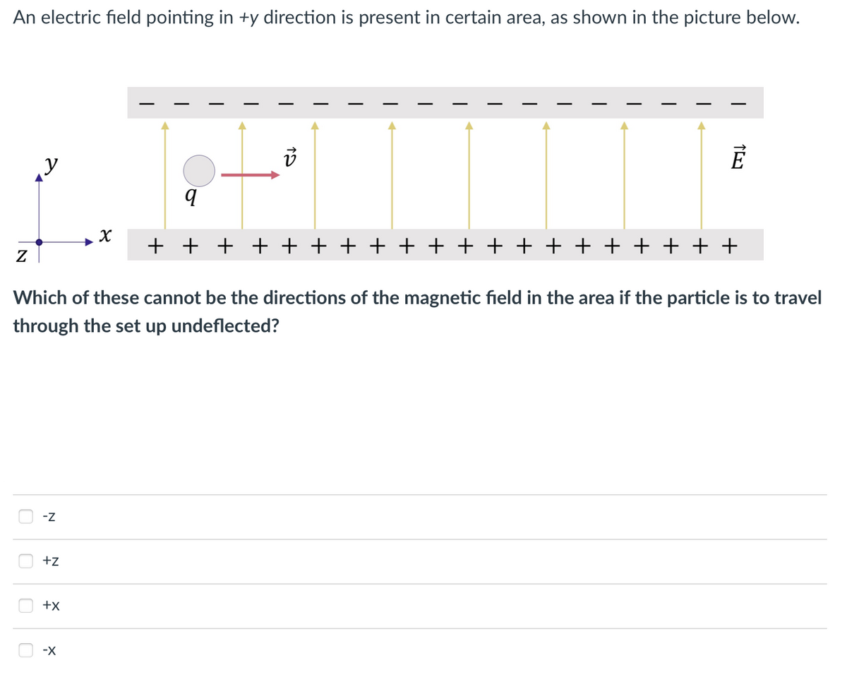 An electric field pointing in +y direction is present in certain area, as shown in the picture below.
+ + + + + + + + + + + + + + + + + + + +
Which of these cannot be the directions of the magnetic field in the area if the particle is to travel
through the set up undeflected?
-z
+z
+x
-X

