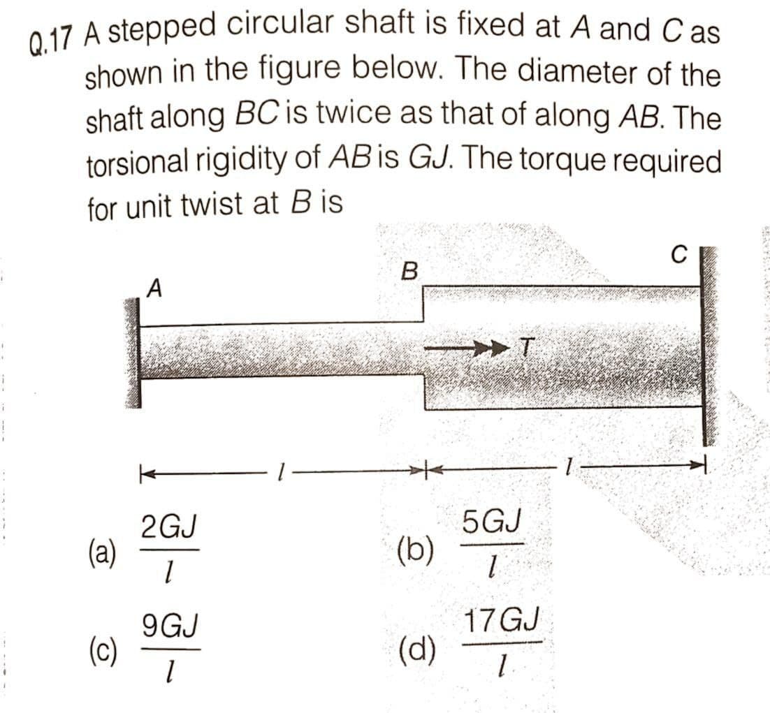 Q.17 A stepped circular shaft is fixed at A and C as
shown in the figure below. The diameter of the
shaft along BC is twice as that of along AB. The
torsional rigidity of AB is GJ. The torque required
for unit twist at B is
C
B.
A
2GJ
(a)
5GJ
(b)
9GJ
(c)
17 GJ
(d)
