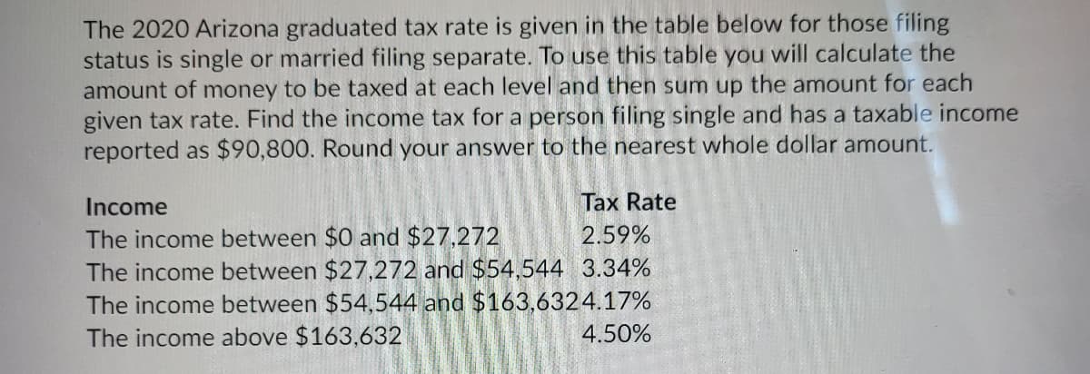 The 2020 Arizona graduated tax rate is given in the table below for those filing
status is single or married filing separate. To use this table you will calculate the
amount of money to be taxed at each level and then sum up the amount for each
given tax rate. Find the income tax for a person filing single and has a taxable income
reported as $90,800. Round your answer to the nearest whole dollar amount.
Income
Tax Rate
The income between $0 and $27,272
The income between $27,272 and $54,544 3.34%
The income between $54,544 and $163,6324.17%
The income above $163,632
2.59%
4.50%
