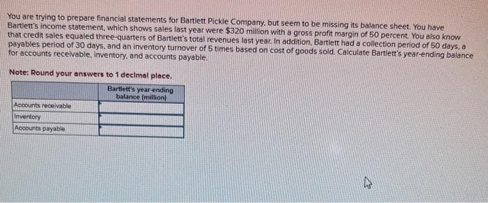 You are trying to prepare financial statements for Bartlett Pickle Company, but seem to be missing its balance sheet. You have
Bartlett's income statement, which shows sales last year were $320 million with a gross profit margin of 50 percent. You also know
that credit sales equaled three-quarters of Bartlett's total revenues last year. In addition, Bartlett had a collection period of 50 days, a
payables period of 30 days, and an inventory turnover of 5 times based on cost of goods sold. Calculate Bartlett's year-ending balance
for accounts receivable, inventory, and accounts payable.
Note: Round your answers to 1 decimal place.
Bartlett's year-ending
balance (million)
Accounts receivable
Inventory
Accounts payable
13