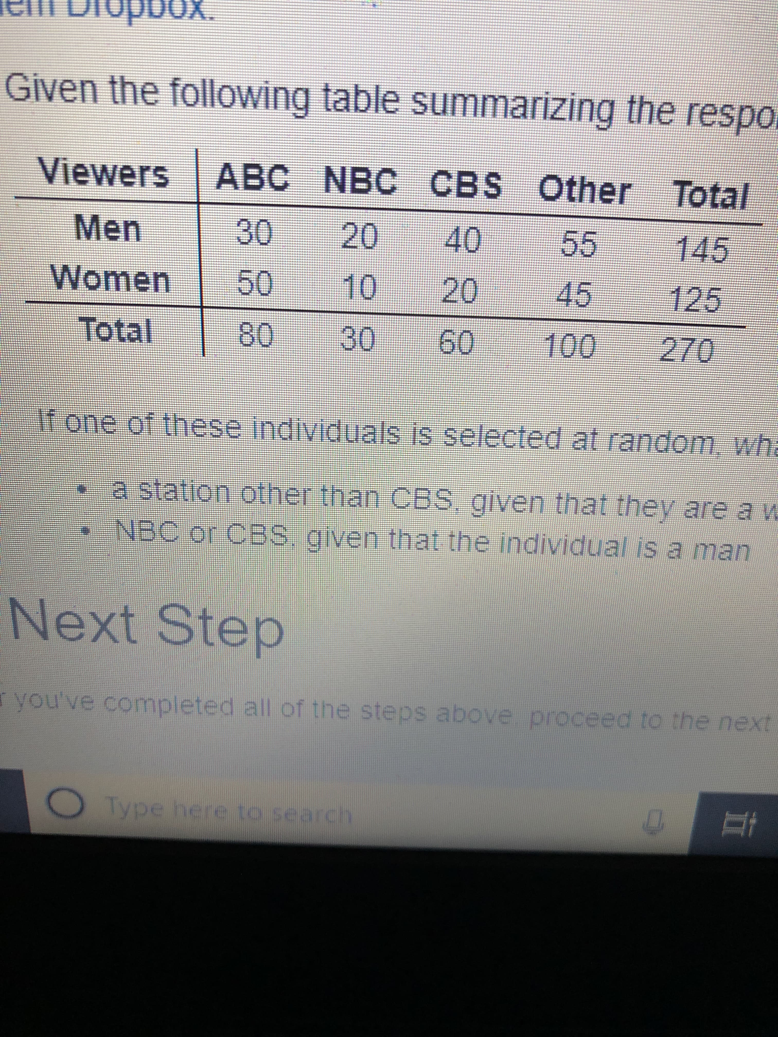 Given the following table summarizing the respo
Viewers ABC NBC
АВС
CBS Other Total
Men
20
30
40
55
145
50
-Women
10
20
45
125
Total
80
30
100
60
270
fone of these individuals is selected at random, wh
a station other than CBS given that they area w
NBc or CBS. given that the individual is a man
Next Step
ryou've completed all of the steps above proceed to the next
Type here to search
