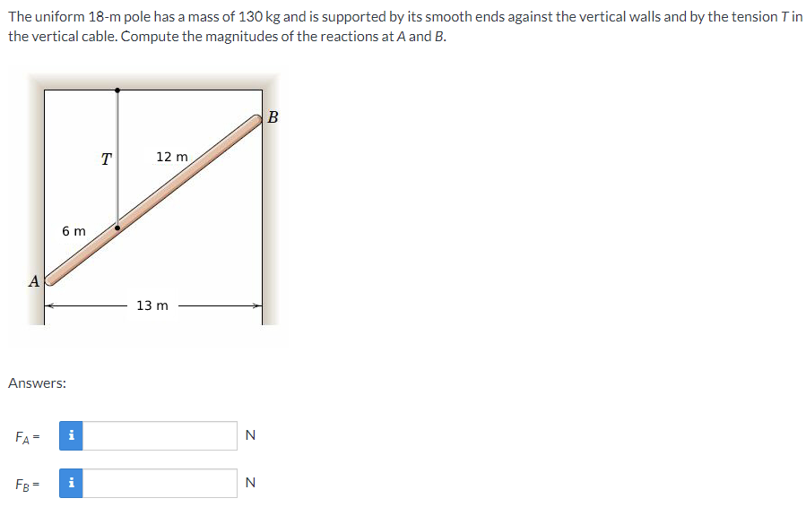 The uniform 18-m pole has a mass of 130 kg and is supported by its smooth ends against the vertical walls and by the tension Tin
the vertical cable. Compute the magnitudes of the reactions at A and B.
B
T
12 m
6 m
A
13 m
Answers:
FA=
N
FB =
i
N
