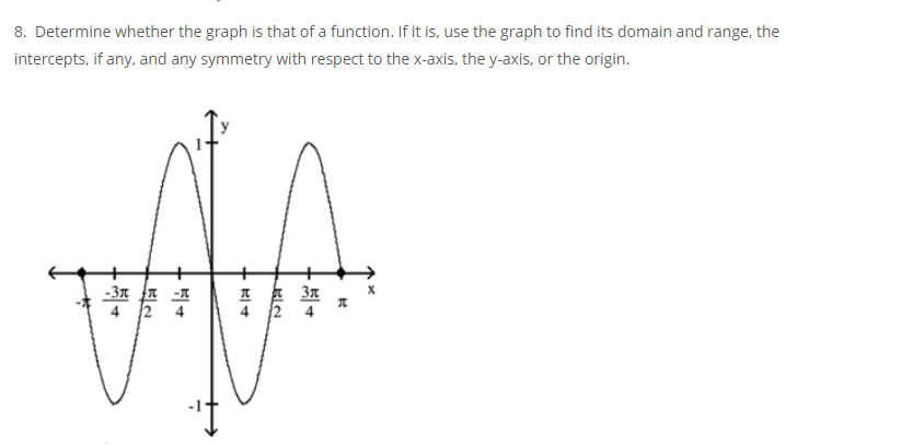 8. Determine whether the graph is that of a function. If it is, use the graph to find its domain and range, the
intercepts, if any, and any symmetry with respect to the x-axis, the y-axis, or the origin.
-3n a -1
4 2 4
E 3n
4 2 4
