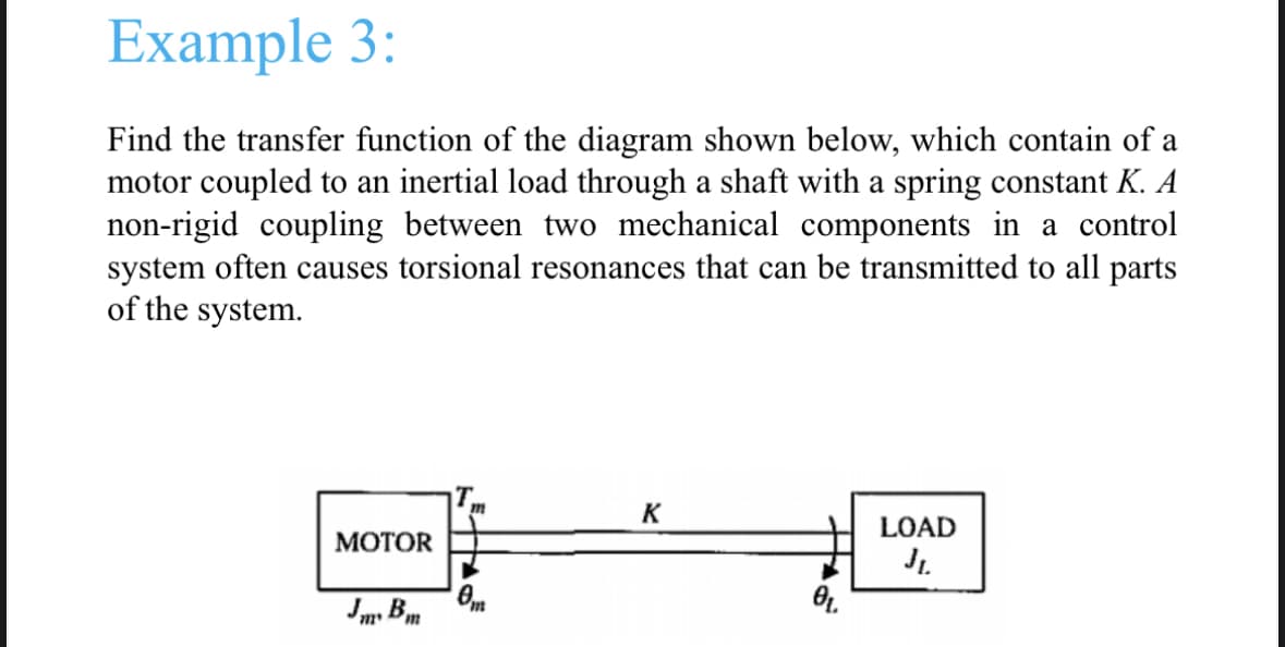 Example 3:
Find the transfer function of the diagram shown below, which contain of a
motor coupled to an inertial load through a shaft with a spring constant K. A
non-rigid coupling between two mechanical components in a control
system often causes torsional resonances that can be transmitted to all parts
of the system.
MOTOR
Jm Bm
m
K
Om
K
0₁.
LOAD
JL