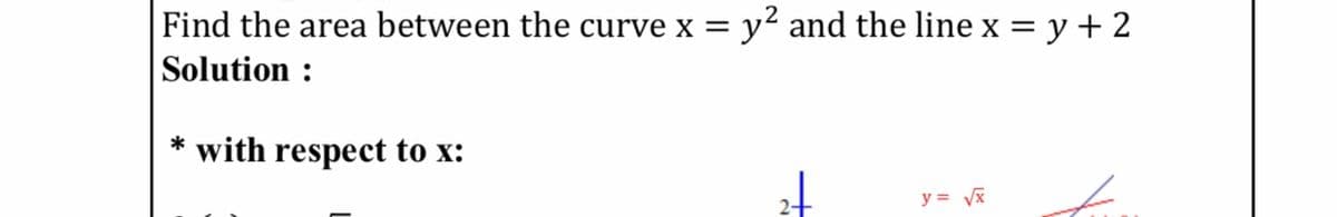 Find the area between the curve x = y? and the line x = y + 2
Solution :
with respect to x:
y = Vx
