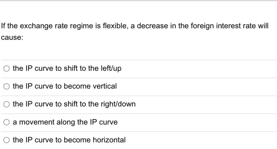 If the exchange rate regime is flexible, a decrease in the foreign interest rate will
cause:
the IP curve to shift to the left/up
the IP curve to become vertical
the IP curve to shift to the right/down
a movement along the IP curve
the IP curve to become horizontal
