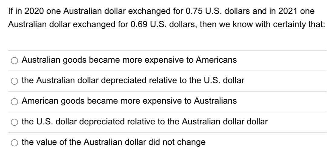 If in 2020 one Australian dollar exchanged for 0.75 U.S. dollars and in 2021 one
Australian dollar exchanged for 0.69 U.S. dollars, then we know with certainty that:
Australian goods became more expensive to Americans
the Australian dollar depreciated relative to the U.S. dollar
American goods became more expensive to Australians
the U.S. dollar depreciated relative to the Australian dollar dollar
the value of the Australian dollar did not change